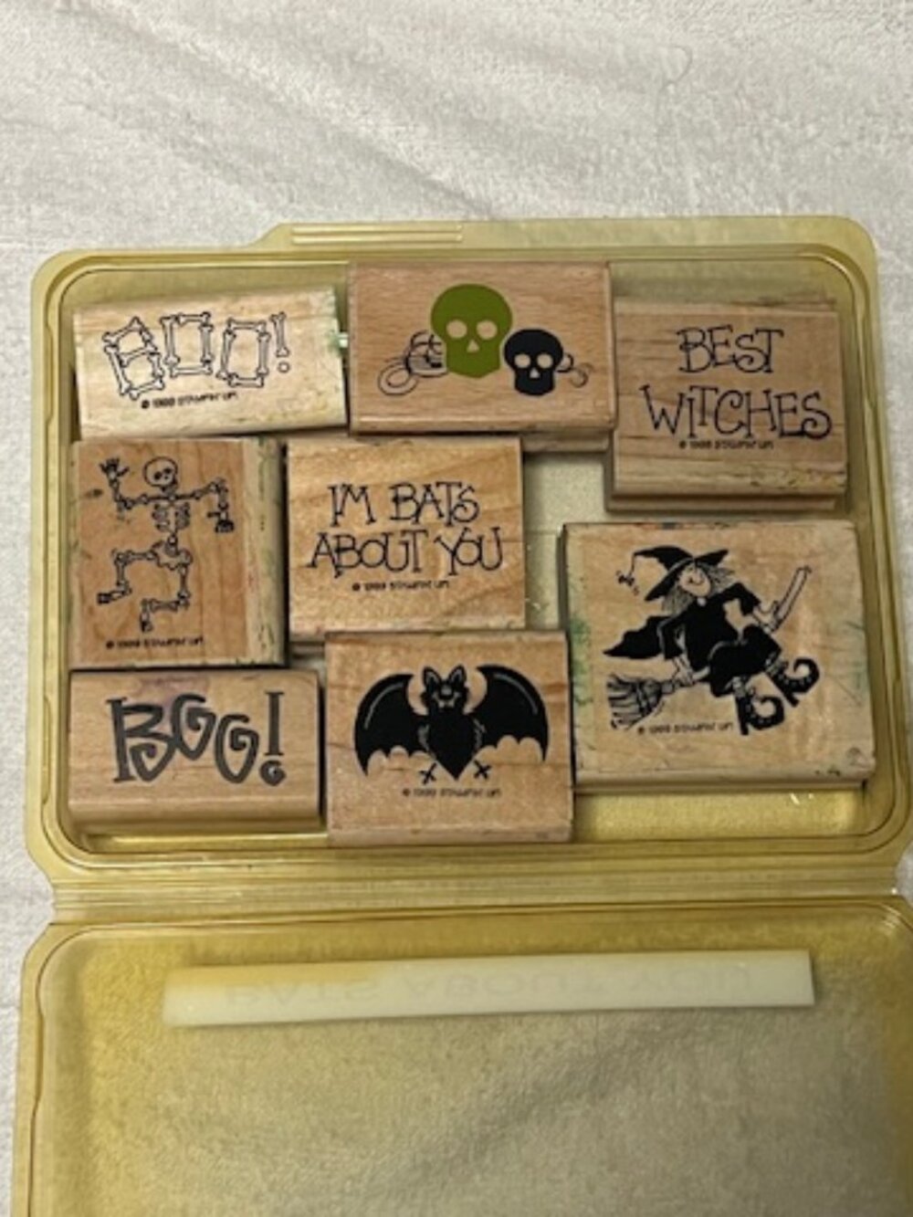 VTG 1999 Halloween "Bats About You" Set of 8 Wood-Mounted Rubber Stamps Witch